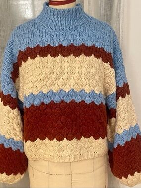 Cozy Striped Mock-Neck Sweater in Blue, Cream & Brown